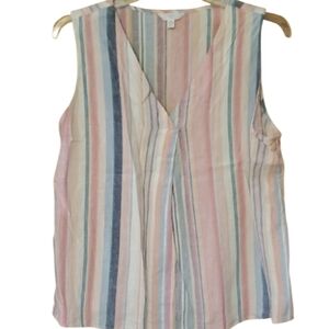Time & Tru Multicolor Pastel Stripe Mock Wrap Sleeveless Linen Top Size XL 16-18